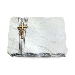 Grabplatte Omega Marmor/Strikt Kreuz/Rose (Bronze)